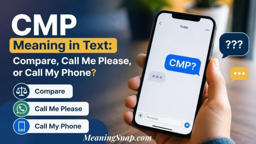 Hand holding smartphone displaying CMP text meaning options Compare Call Me Please or Call My Phone in chat app.   