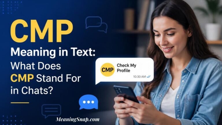 Smiling woman holding smartphone displaying a chat message explaining CMP text meaning Check My Profile in digital messaging.