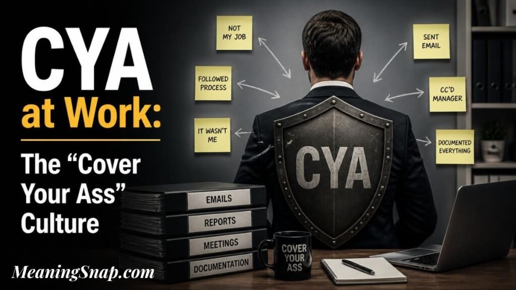 Infographic titled CYA at Work: The "Cover Your Ass" Culture, showing the back of a businessman in a suit holding a metallic shield labeled CYA, surrounded by sticky notes with workplace documentation habits.
