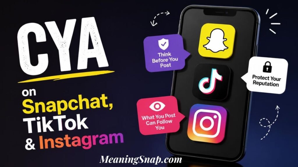 Infographic explaining CYA on Snapchat, TikTok, and Instagram, displaying a smartphone with 3D app icons for Snapchat, TikTok, and Instagram alongside safety tip badges like "Protect Your Reputation" and "Think Before You Post".