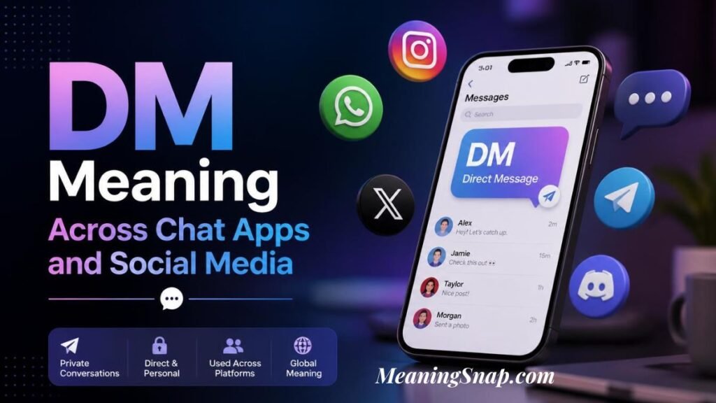 Infographic titled DM Meaning Across Chat Apps and Social Media, featuring a smartphone screen defining DM as "Direct Message" alongside floating social logos.   