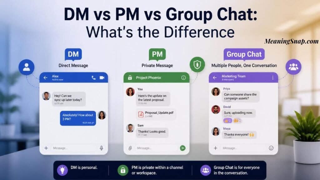 Infographic titled DM vs PM vs Group Chat: What's the Difference, comparing three messaging cards defining DM, PM, and Group Chat.   