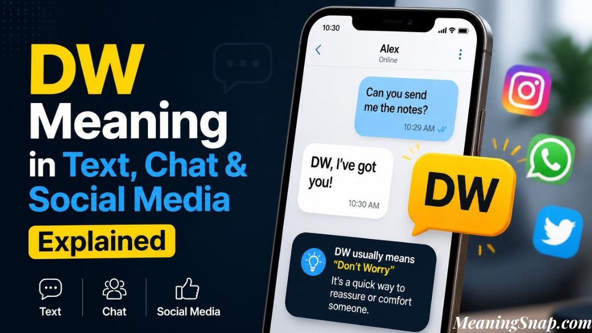 Infographic titled DW Meaning in Text, Chat & Social Media Explained, featuring a smartphone displaying a chat message reading "DW, I've got you!" alongside social media icons.