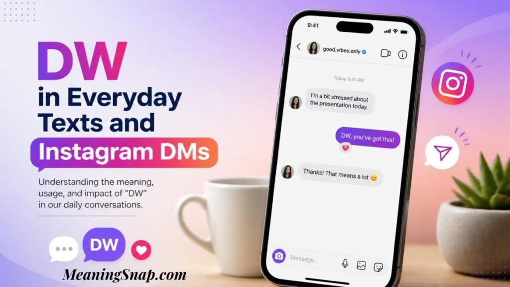Infographic titled DW in Everyday Texts and Instagram DMs, featuring a smartphone displaying a direct message exchange on an Instagram interface.