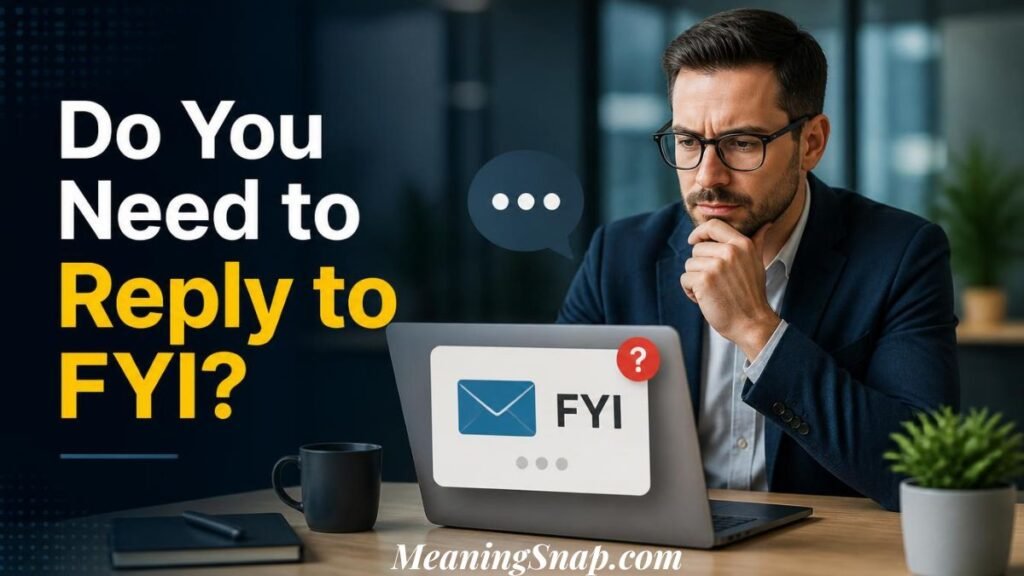 Infographic titled Do You Need to Reply to FYI?, showing a focused businessman at a laptop looking at an email notification labeled FYI with a question mark badge.