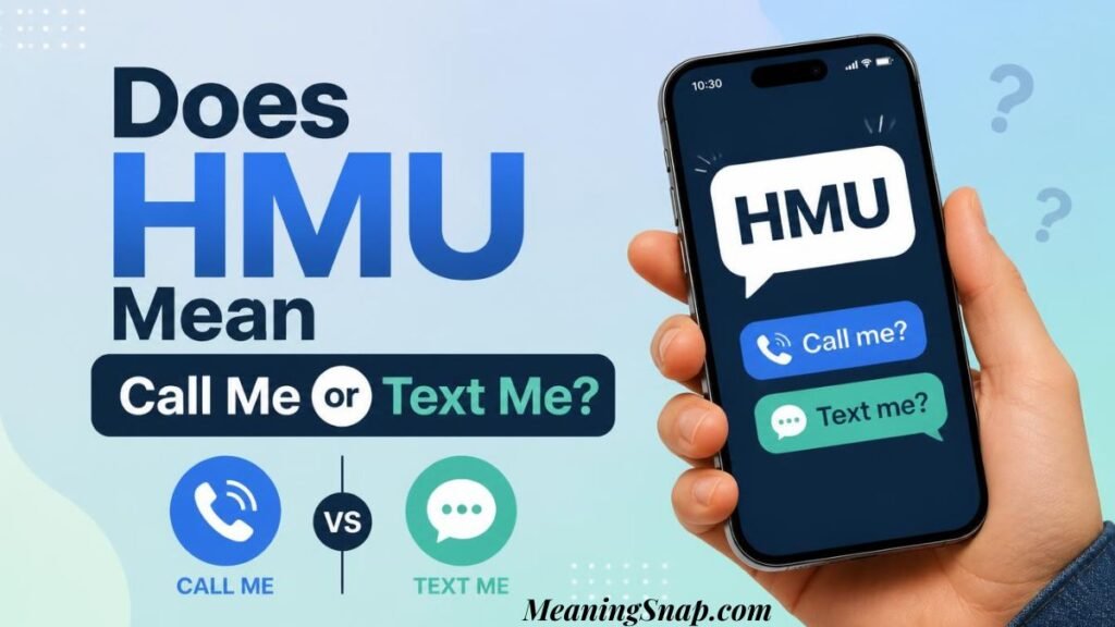 Infographic clarifying whether HMU means Call Me or Text Me, featuring a hand holding a smartphone showing options for phone call versus text message.