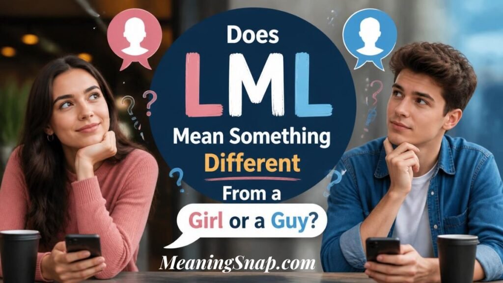 Infographic titled Does LML Mean Something Different From a Girl or a Guy?, showing a young woman and man seated at a desk holding smartphones and pondering.