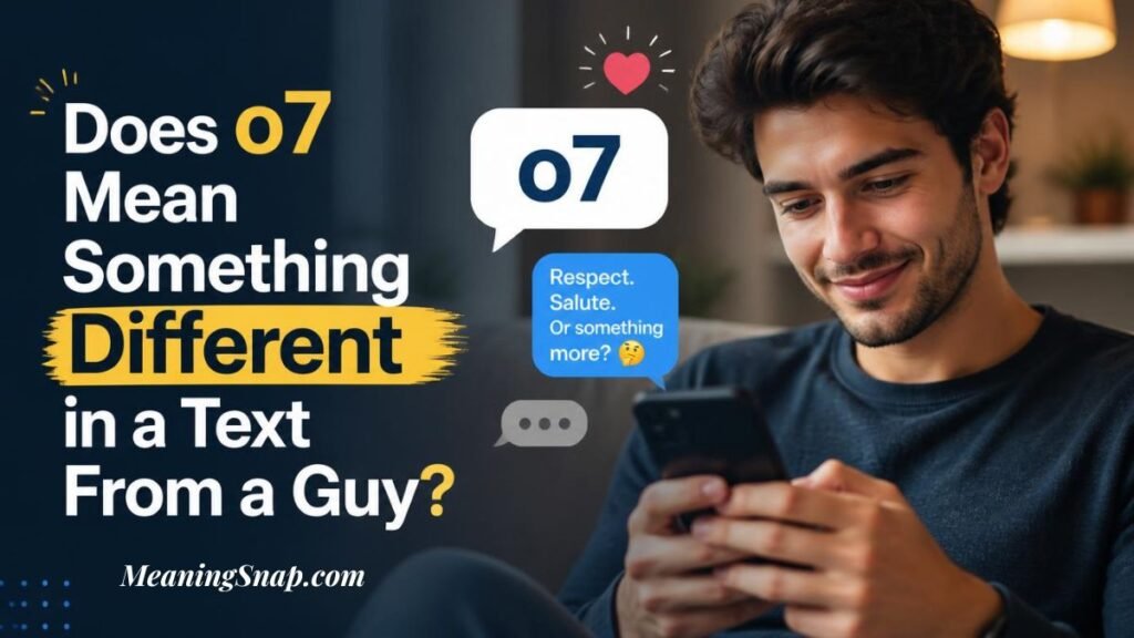 Infographic titled Does o7 Mean Something Different in a Text From a Guy?, showing a smiling young man looking at his smartphone with floating speech bubbles displaying "o7" and "Respect. Salute. Or something more?".