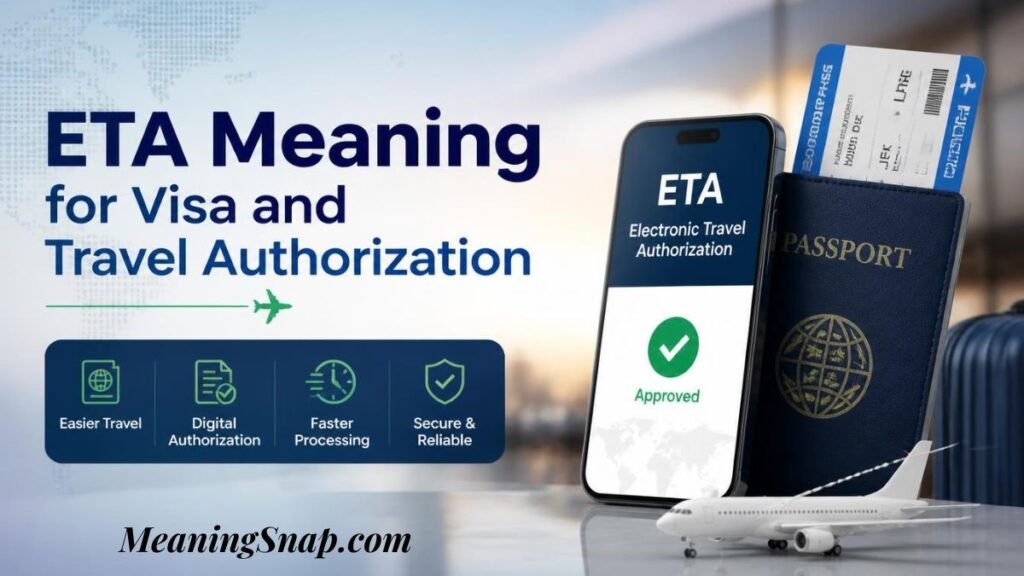 Infographic titled ETA Meaning for Visa and Travel Authorization, showing a smartphone displaying an approved ETA screen resting against a blue passport with airline boarding passes.