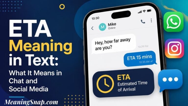 Infographic titled ETA Meaning in Text: What It Means in Chat and Social Media, displaying a smartphone showing a messaging chat defining ETA as "Estimated Time of Arrival".