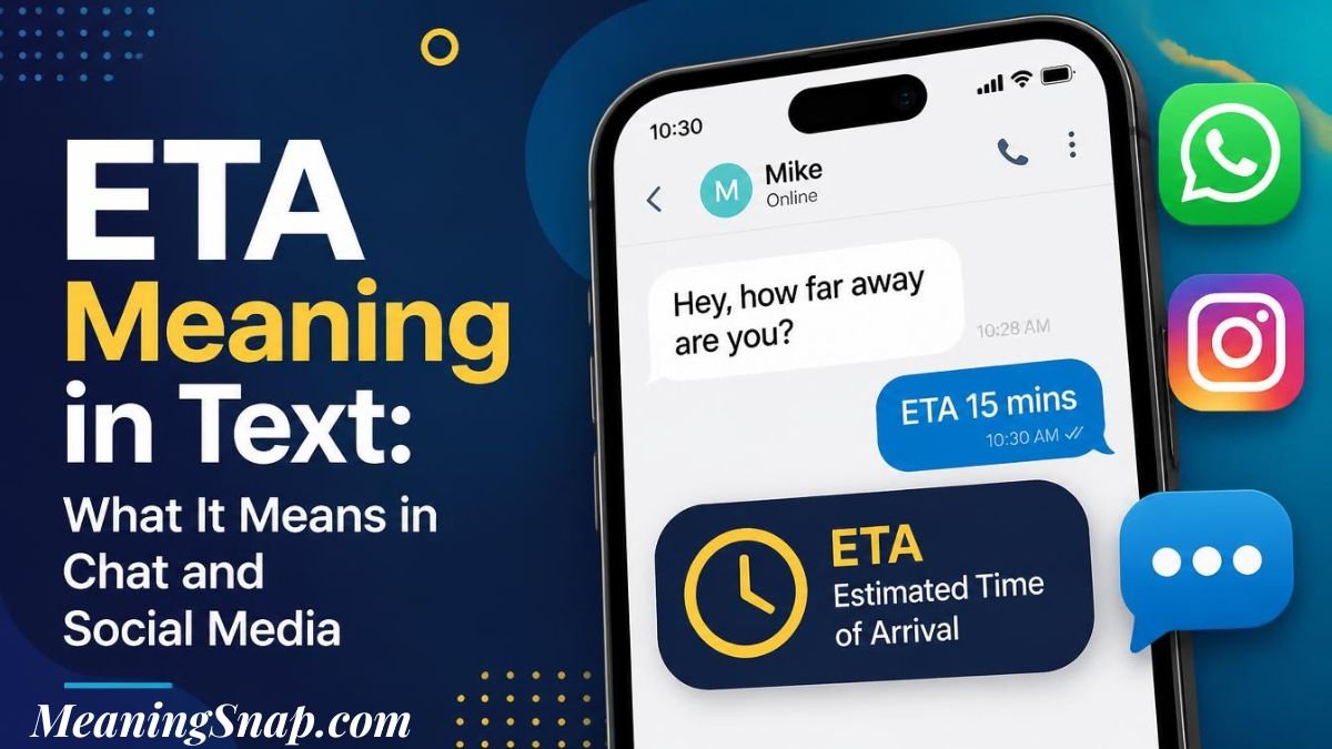 Infographic titled ETA Meaning in Text: What It Means in Chat and Social Media, displaying a smartphone showing a messaging chat defining ETA as "Estimated Time of Arrival".