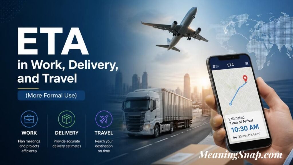 Infographic titled ETA in Work, Delivery, and Travel (More Formal Use), showing a hand holding a smartphone with GPS navigation next to a commercial semi-truck and an airplane overhead.