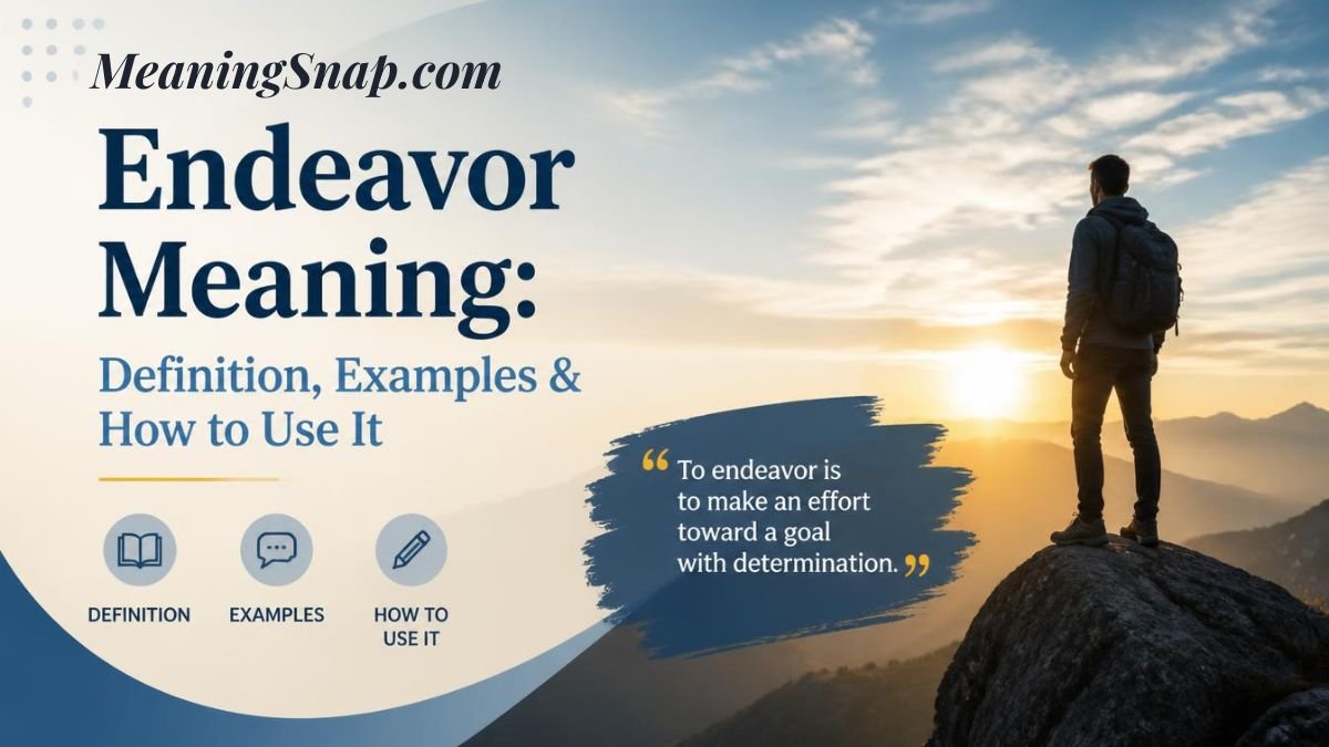 Infographic titled Endeavor Meaning: Definition, Examples & How to Use It, showing a person standing on a mountain peak.