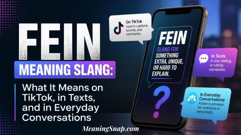 Smartphone screen displaying FEIN meaning surrounded by text bubbles explaining its usage on TikTok, texts, and everyday conversations.