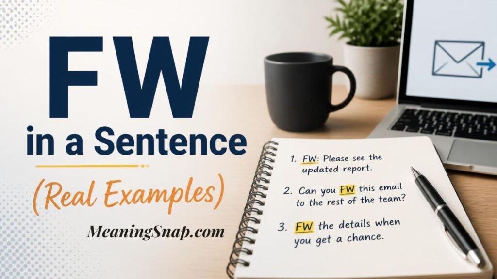 Infographic titled FW in a Sentence (Real Examples), showing an open notebook on a desk listing three example sentences using FW, next to a black coffee mug and a laptop.