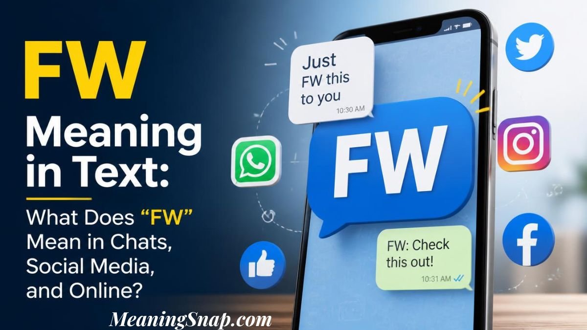 Infographic explaining FW meaning in text, showing a smartphone screen surrounded by social media icons like WhatsApp, Twitter, Instagram, and Facebook, with chat bubbles displaying messages using FW.