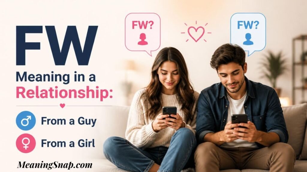 Infographic titled FW Meaning in a Relationship: From a Guy / From a Girl, showing a young couple sitting on a couch using smartphones with pink and blue FW? speech bubbles above them.