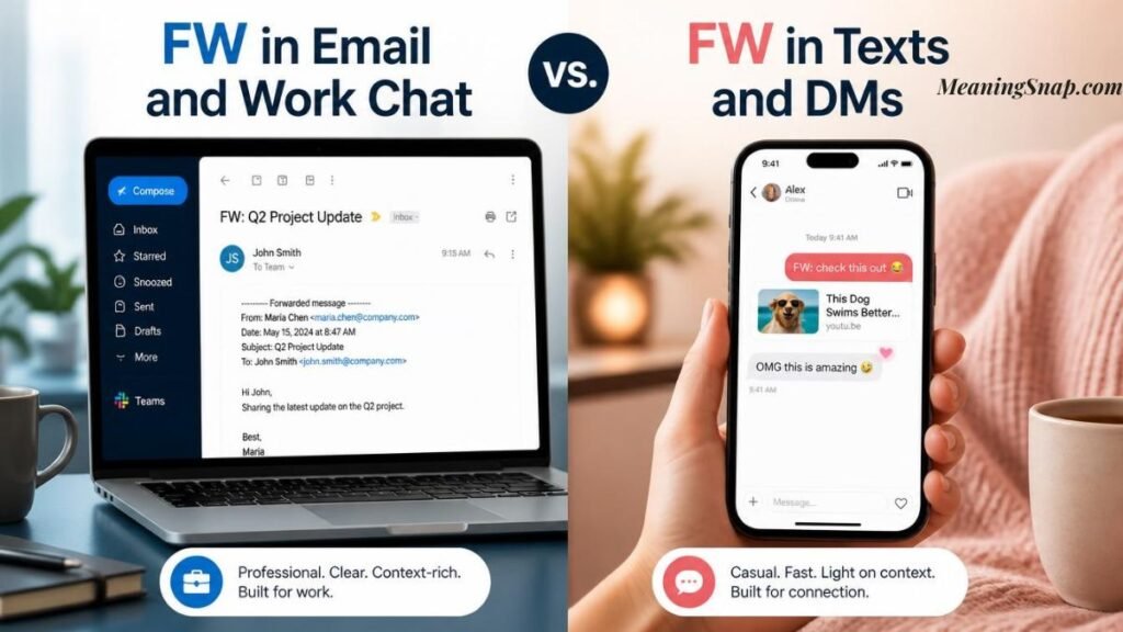 Infographic comparing FW in Email and Work Chat vs FW in Texts and DMs, showing a laptop screen with a professional forwarded email next to a hand holding a smartphone with a casual chat link preview.