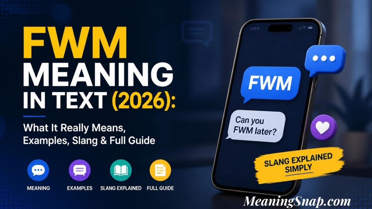 Infographic explaining FWM Meaning in Text (2026), featuring a modern smartphone displaying a blue FWM chat bubble and a message asking "Can you FWM later?" alongside educational feature icons and a yellow banner.