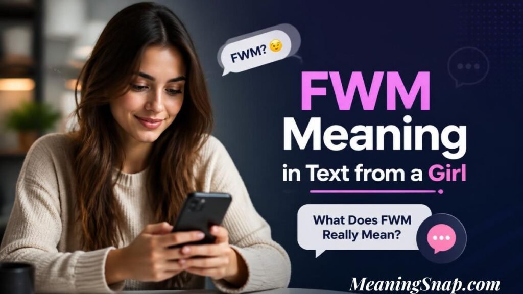 Infographic titled FWM Meaning in Text from a Girl, showing a smiling young woman looking at her smartphone with a chat bubble displaying "FWM?" and a winking emoji.
