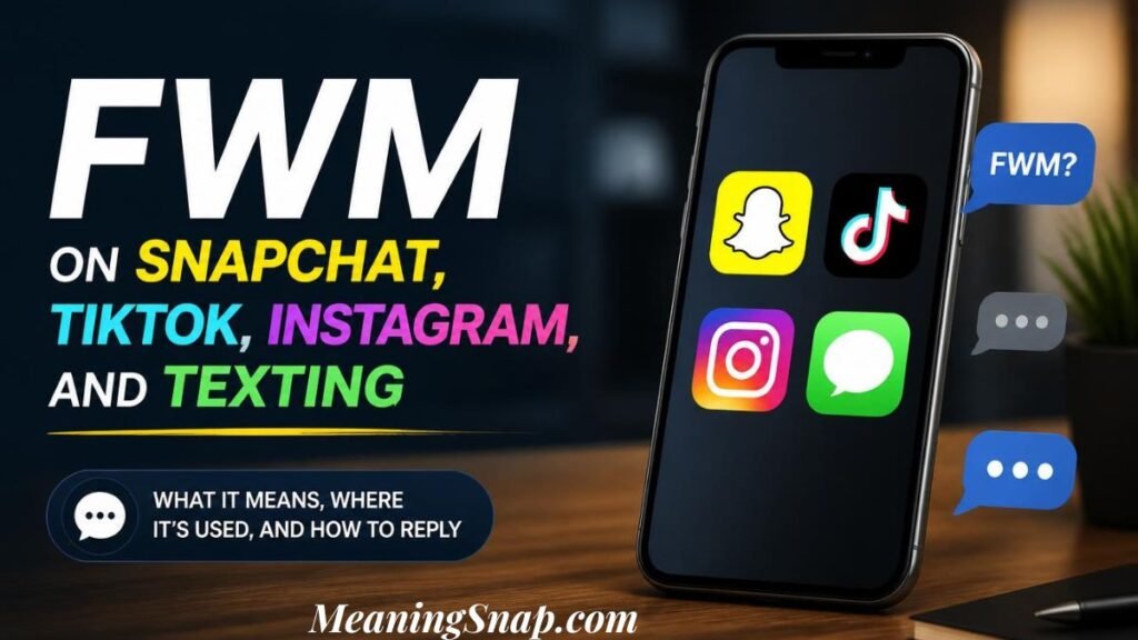 Infographic titled FWM ON SNAPCHAT, TIKTOK, INSTAGRAM, AND TEXTING, displaying a smartphone with app icons for Snapchat, TikTok, Instagram, and Messages next to floating speech bubbles.