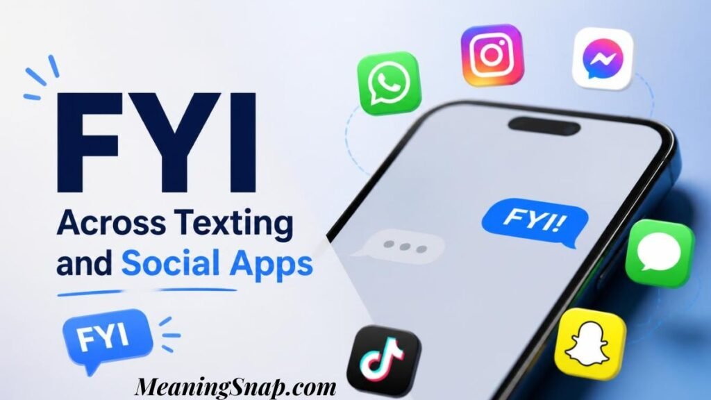 Infographic explaining FYI Across Texting and Social Apps, showing a smartphone displaying a "FYI!" speech bubble surrounded by 3D icons for WhatsApp, Instagram, Messenger, Messages, Snapchat, and TikTok.