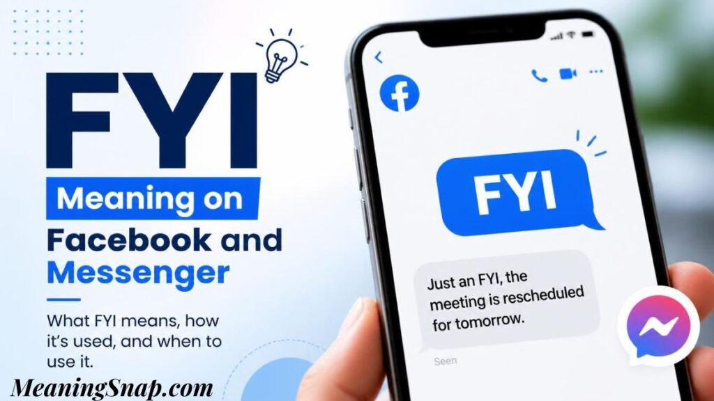 Infographic explaining FYI Meaning on Facebook and Messenger, showing a smartphone displaying a Messenger chat thread with a blue "FYI" speech bubble and an update text about a rescheduled meeting.
