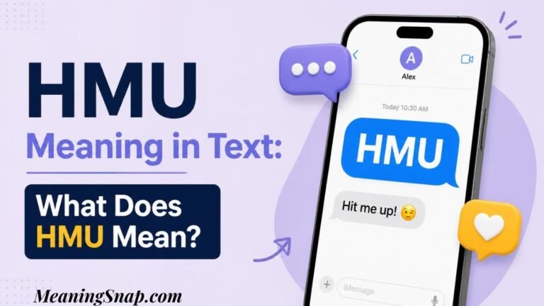 Infographic explaining HMU meaning in text, featuring a smartphone screen with chat bubbles showing HMU and "Hit me up!".