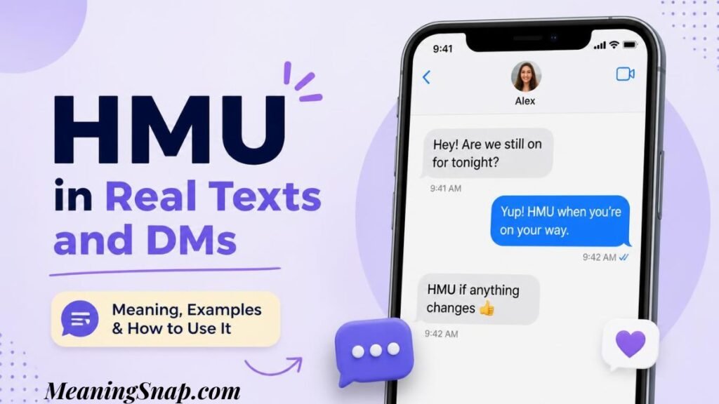 Infographic titled HMU in Real Texts and DMs, showing a smartphone displaying a chat exchange with messages like "Yup! HMU when you're on your way."