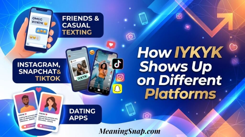 Infographic titled How IYKYK Shows Up on Different Platforms, featuring smartphone mockups and cards illustrating IYKYK across casual texting, social media, and dating apps.   