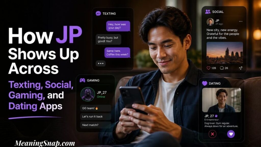 Infographic titled How JP Shows Up Across Texting, Social, Gaming, and Dating Apps, showing a man using his smartphone surrounded by digital card interfaces representing Texting, Social feeds, Gaming chat, and Dating profiles.