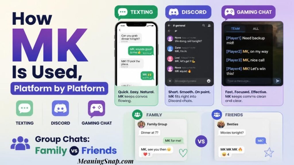 Infographic breaking down how MK is used platform by platform across Texting, Discord, and Gaming Chat, alongside group chat examples for family versus friends.