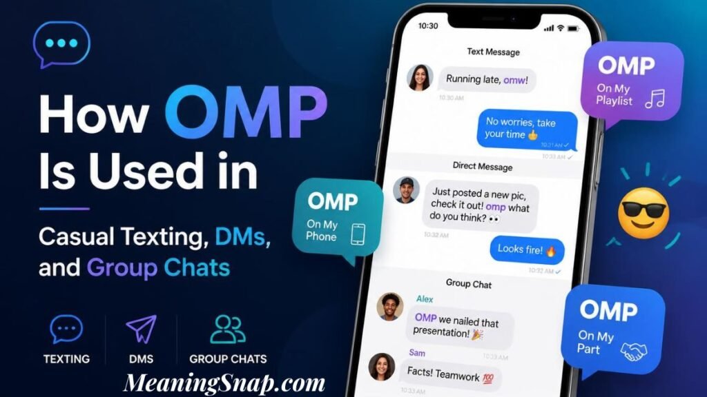 Infographic titled How OMP Is Used in Casual Texting, DMs, and Group Chats, showing a smartphone with multi-context message threads defining OMP as "On My Phone", "On My Playlist", and "On My Part".