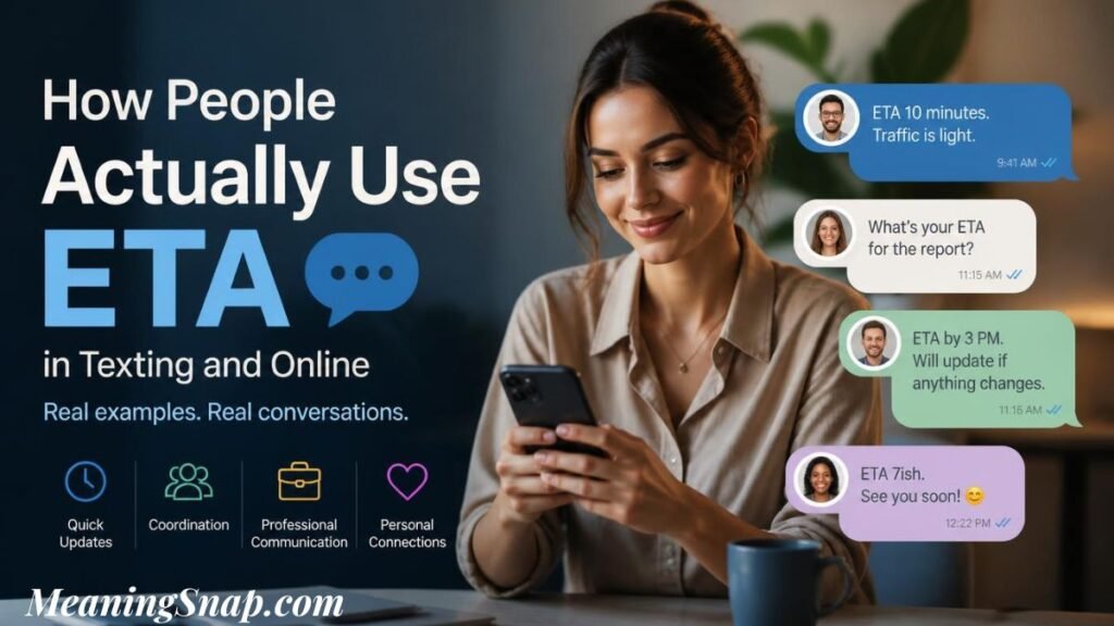 Infographic titled How People Actually Use ETA in Texting and Online, showing a woman smiling at her smartphone next to four distinct chat message bubbles displaying different context usages of ETA.
