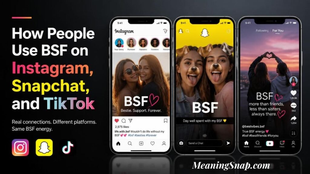 Infographic titled How People Use BSF on Instagram, Snapchat, and TikTok, featuring three smartphone mockups showing BSF used across social media apps.   