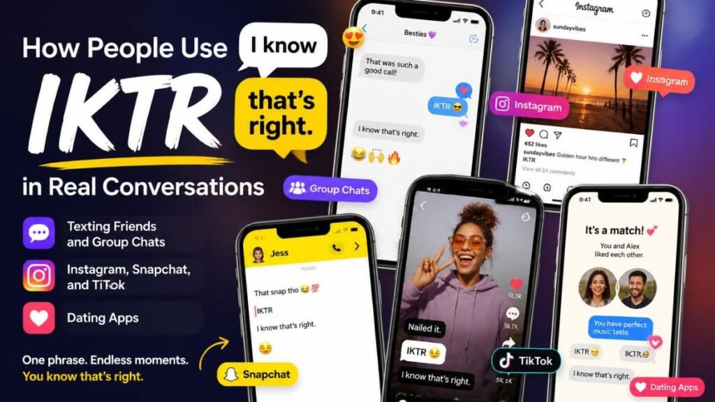 Infographic titled How People Use IKTR in Real Conversations, featuring smartphone screens showing IKTR used across messaging apps, Instagram, Snapchat, TikTok, and dating platforms.   