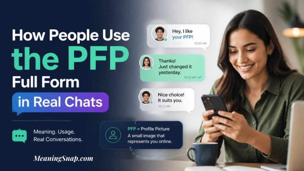 Smiling woman holding smartphone looking at chat messages illustrating how people use PFP full form in real chats.   