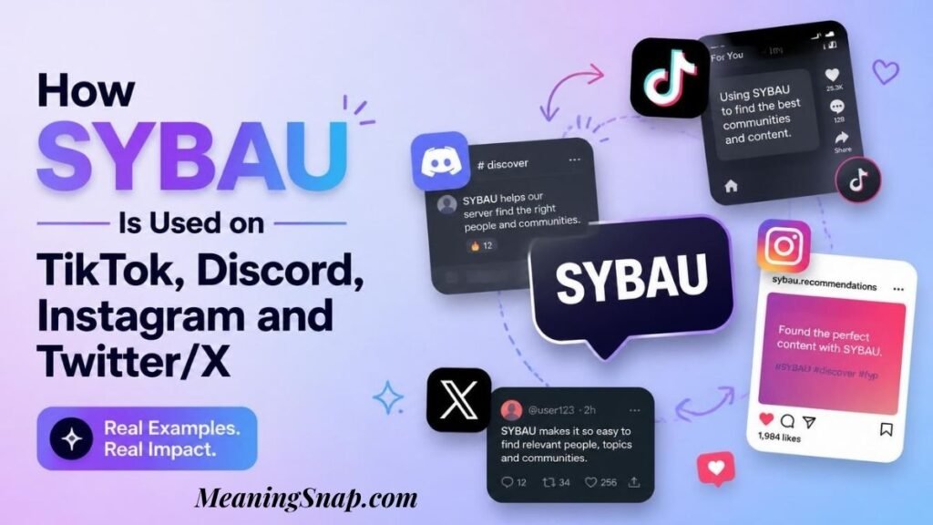 Infographic explaining how SYBAU is used on TikTok, Discord, Instagram, and Twitter/X, featuring mock post UI cards from each platform.