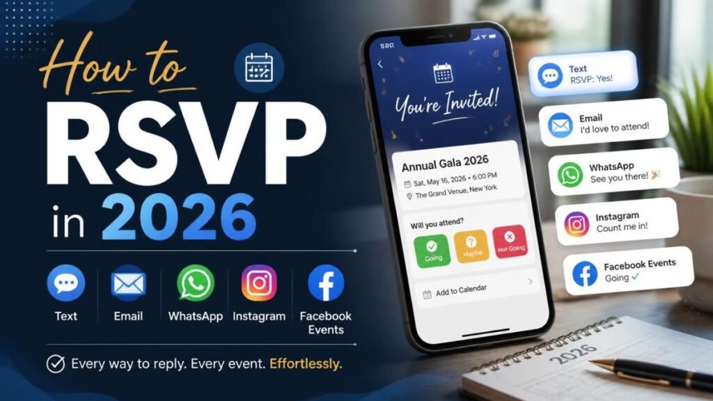 Infographic titled How to RSVP in 2026, showing a smartphone with a digital invitation card alongside response options across Text, Email, WhatsApp, Instagram, and Facebook Events.