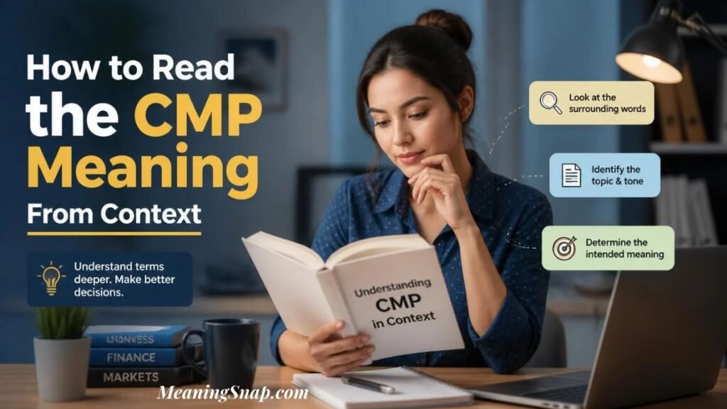 Thoughtful woman reading book at desk learning how to read CMP text meaning from context in chat or finance.