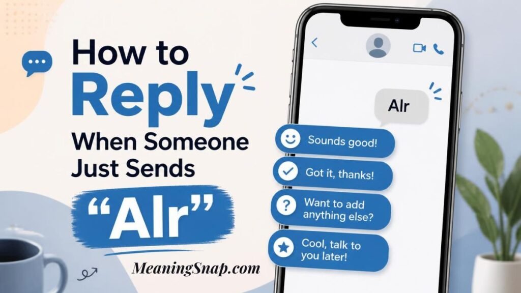 Infographic titled How to Reply When Someone Just Sends "Alr", showing a smartphone displaying a gray "Alr" chat bubble alongside four blue suggested response options.