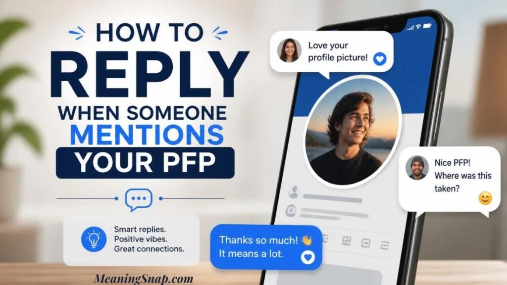 Smartphone screen showing user profile picture and chat messages with examples of how to reply when someone mentions your PFP.   
