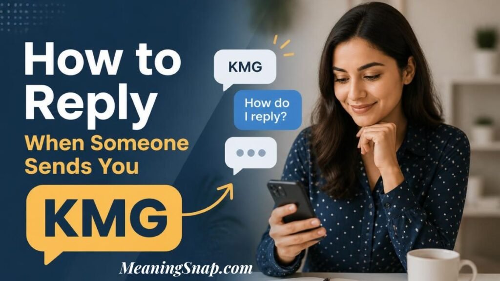 Infographic titled How to Reply When Someone Sends You KMG, showing a smiling woman sitting at a desk looking at her smartphone next to message bubbles.