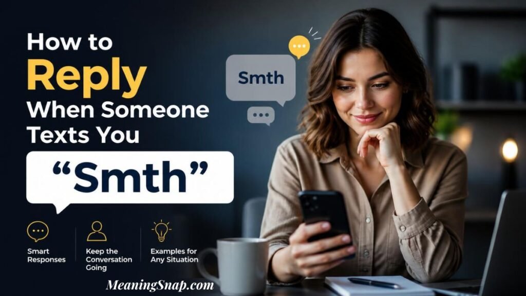 Infographic titled How to Reply When Someone Texts You "Smth", showing a woman holding a smartphone at a desk with an "Smth" speech bubble callout.   