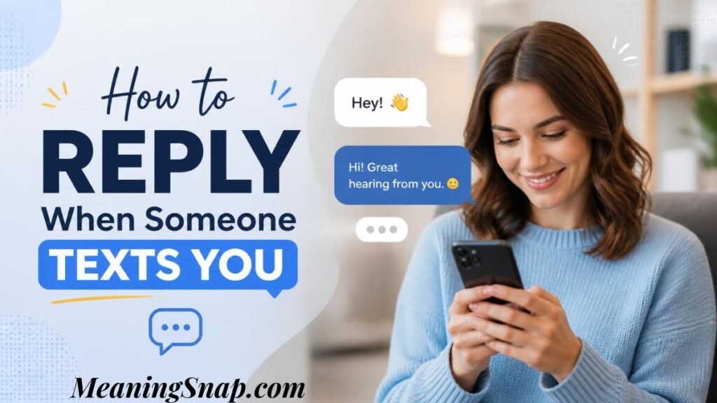 Infographic titled How to REPLY When Someone TEXTS YOU, showing a smiling woman in a blue sweater typing on a smartphone next to message bubbles.