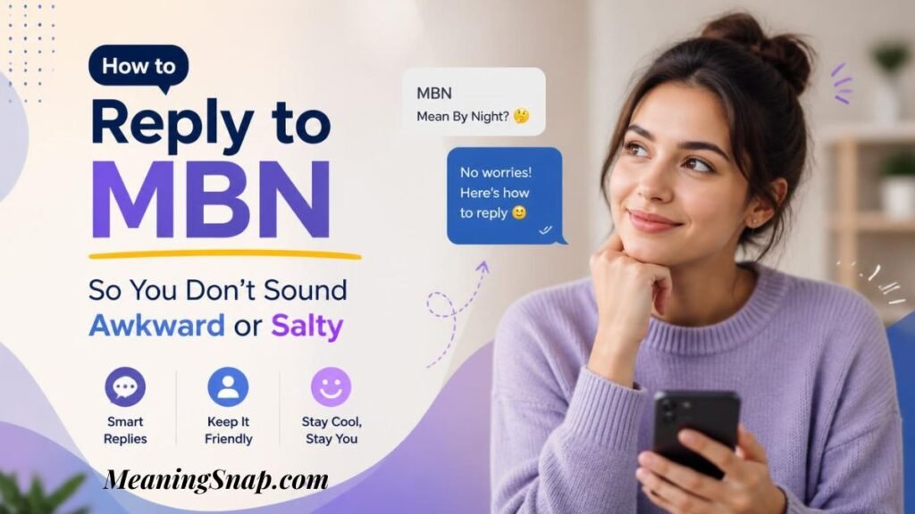 Infographic titled How to Reply to MBN So You Don't Sound Awkward or Salty, showing a smiling woman holding a smartphone next to floating chat bubbles and three circular strategy icons.