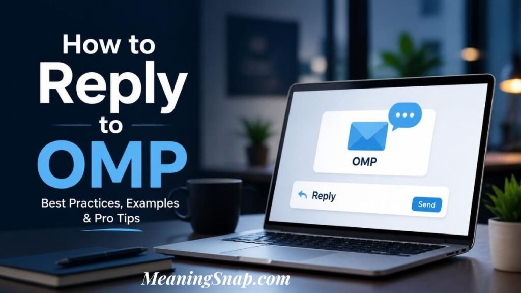 Infographic titled How to Reply to OMP, featuring a laptop on an office desk displaying a message reply interface centered around OMP.