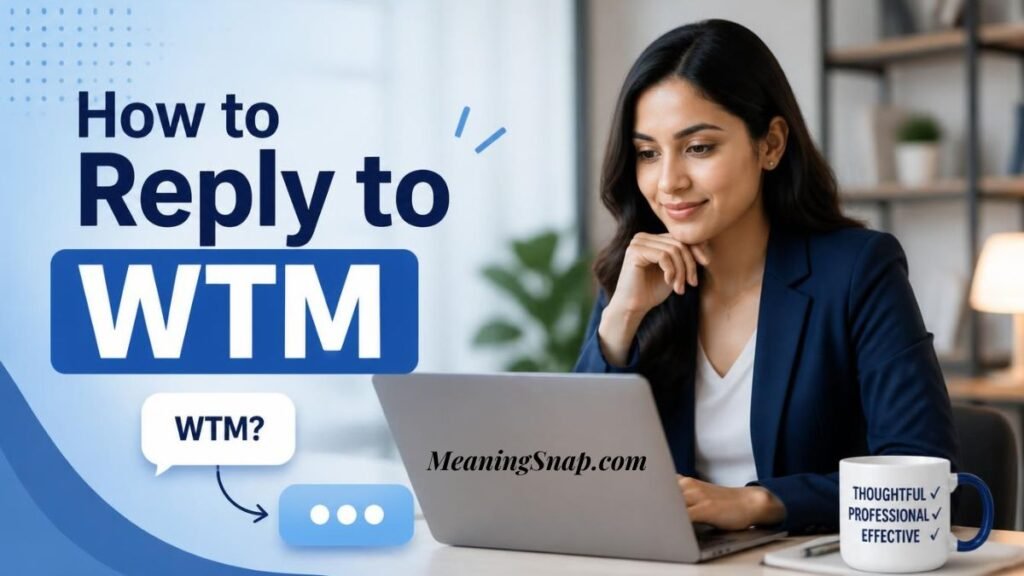 Infographic titled How to Reply to WTM, showing a woman in a blue blazer working on a laptop at a professional desk next to message bubbles and a branded mug.