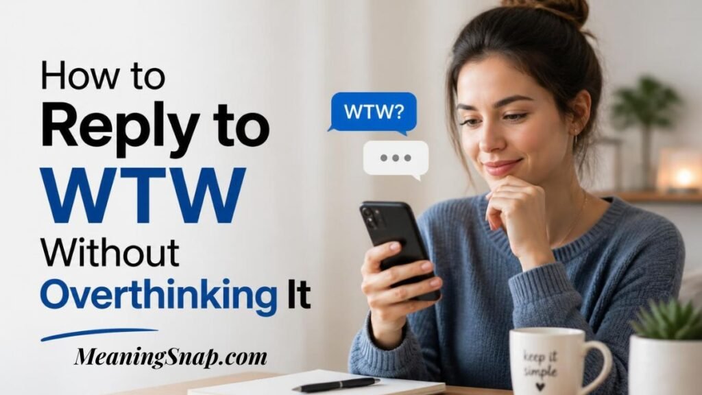 Infographic titled How to Reply to WTW Without Overthinking It, showing a smiling young woman holding a smartphone with floating blue and gray chat bubbles reading WTW? and typing indicators.