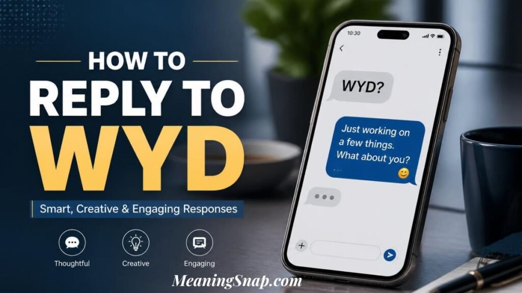 Infographic titled HOW TO REPLY TO WYD, showing a smartphone displaying a chat message reading "WYD?" with a blue response bubble.